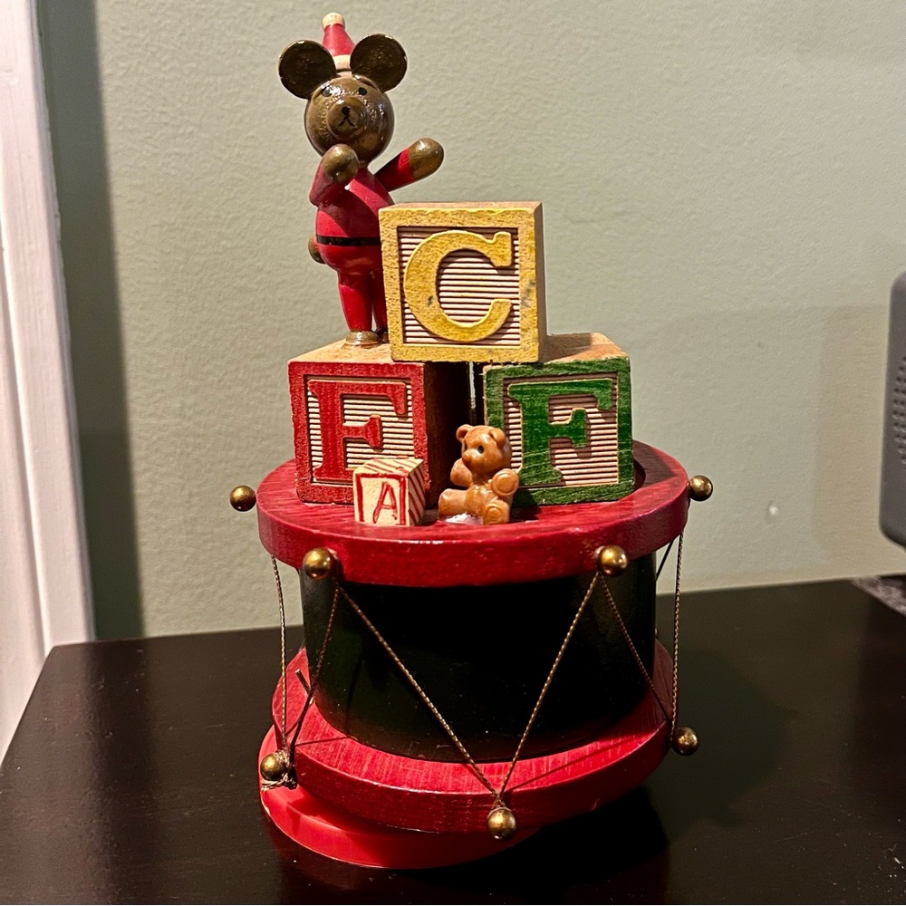 Teddy Bear Drum Music Box Vintage Wooden